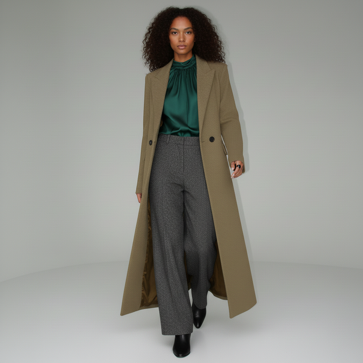 Ruby red longline women's tailored coat, a structured and fitted outerwear piece perfect for elegant fall and winter.