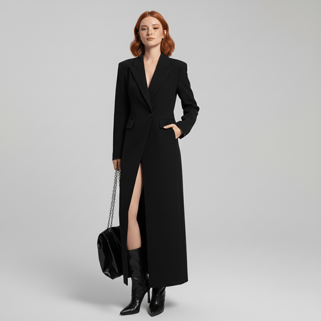 Luxurious ruby women's long fitted evening coat, a tailored and elegant choice for sophisticated events and dates.