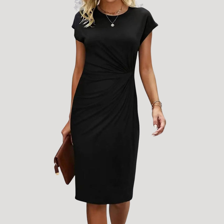 Elegant women's ruched cap sleeve midi dress for professional office wear. Sophisticated round neck design.
