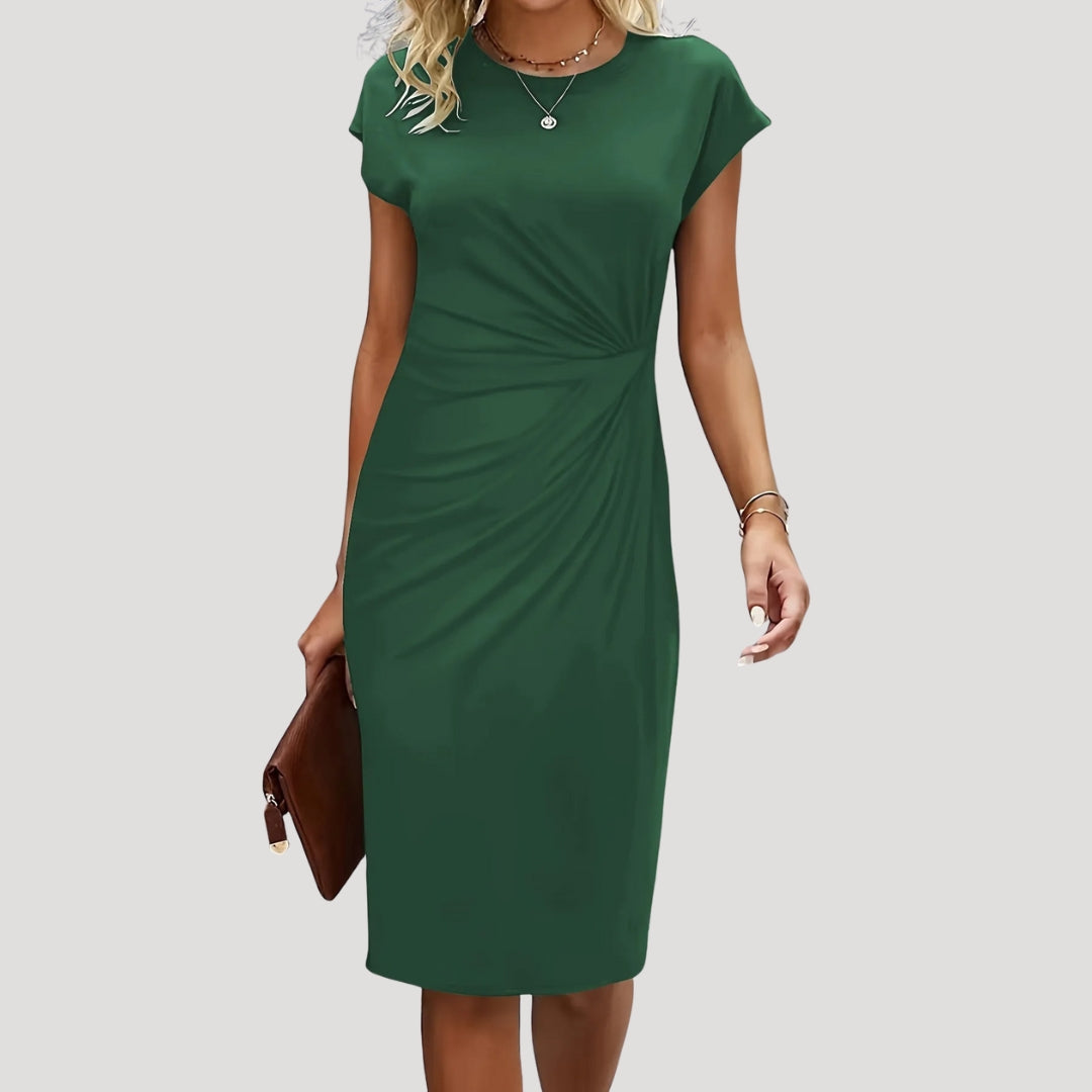 Versatile women's fitted midi dress with cap sleeves & ruched detail. Perfect for work or business casual.