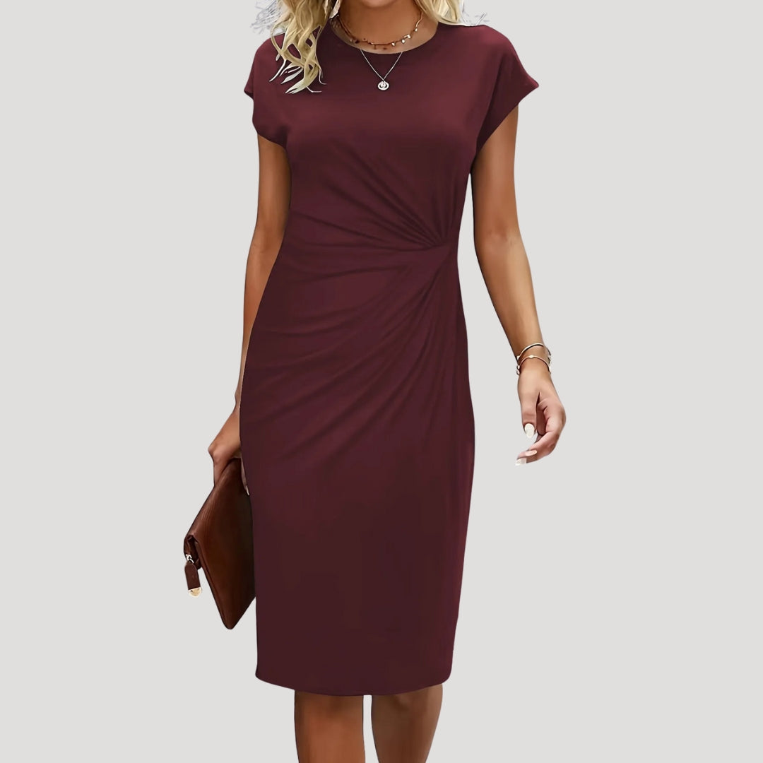 Professional women's work dress: an elegant ruched cap sleeve midi, ideal for office & business meetings.