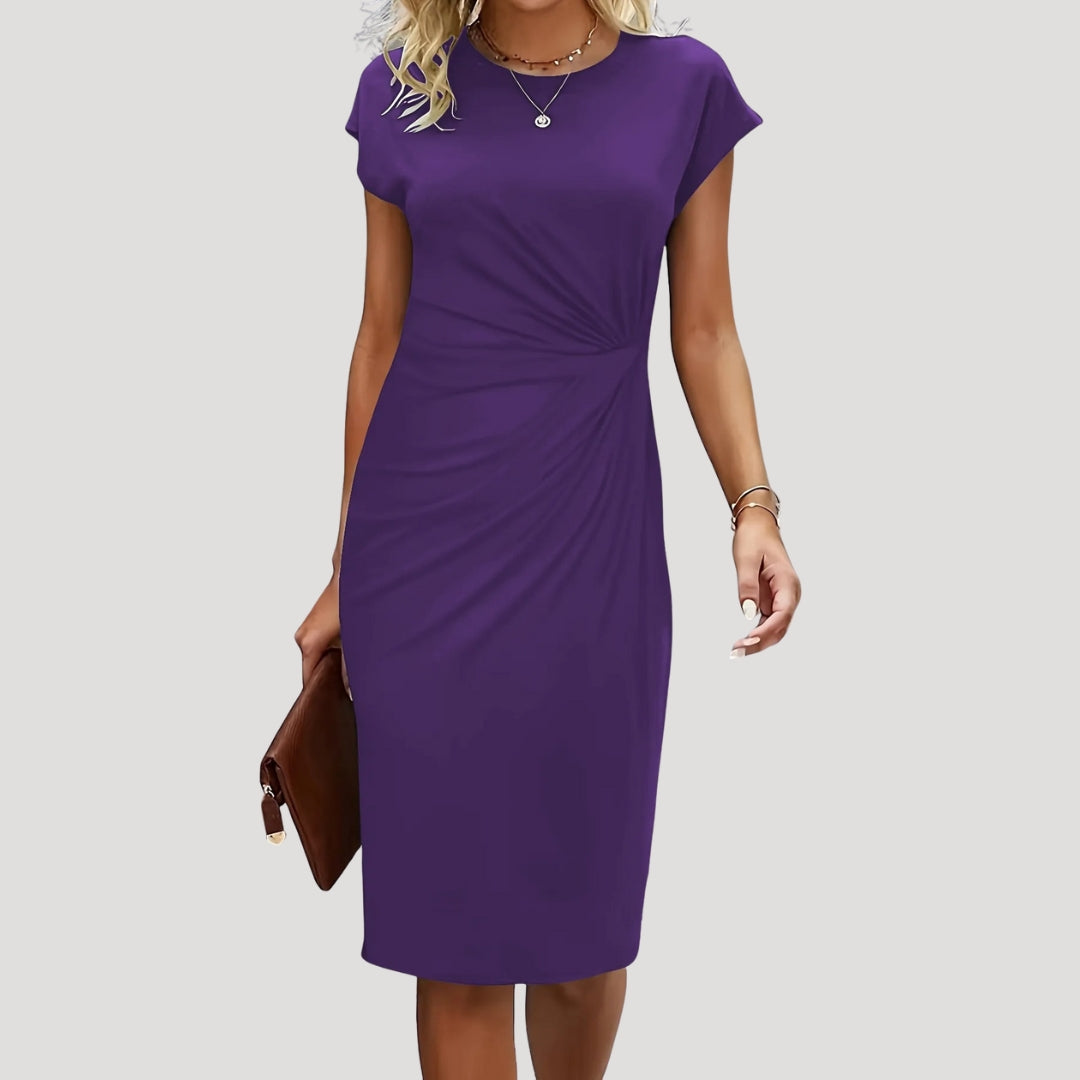 Fitted women's business casual midi dress with cap sleeves and elegant ruched details. Perfect for professionals.