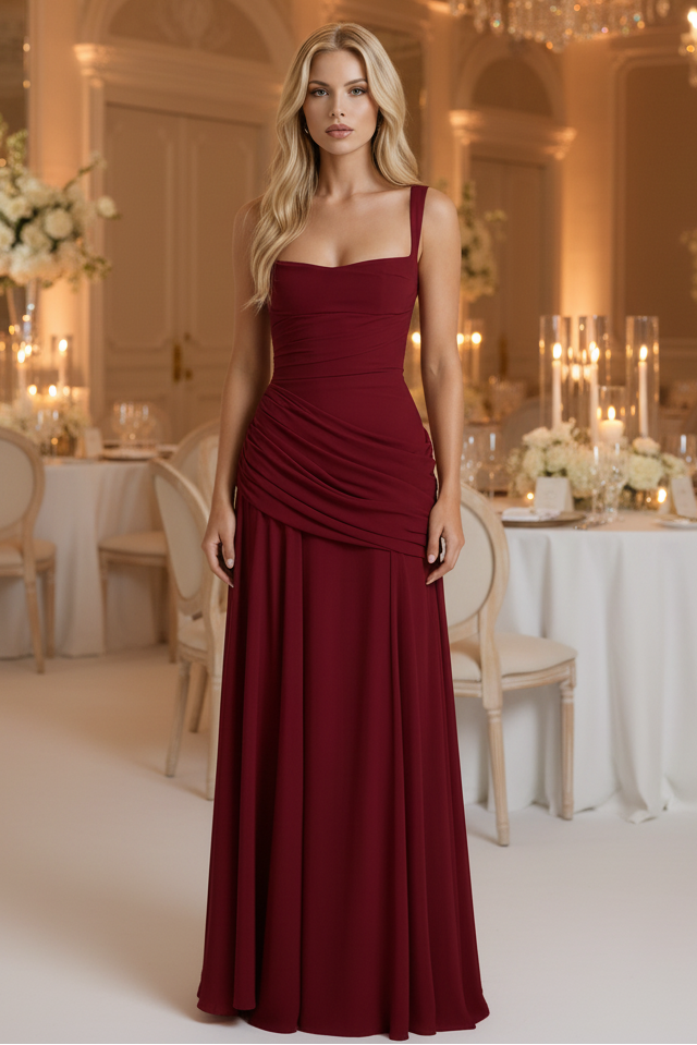 Flowy women's long maxi dress with elegant ruched details, perfect for summer parties or vacation.