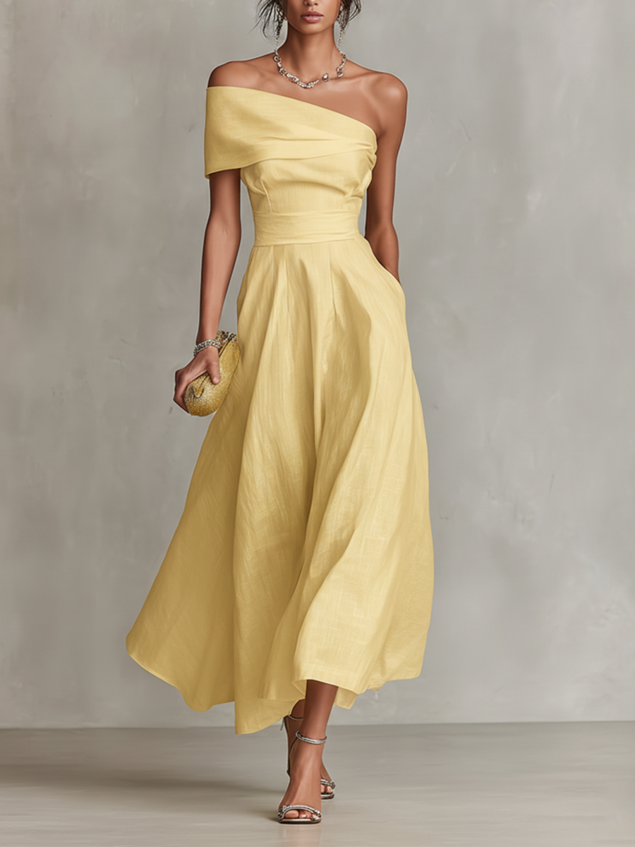 Elegant women's ruched one-shoulder A-line midi dress, perfect for wedding guests & formal parties.