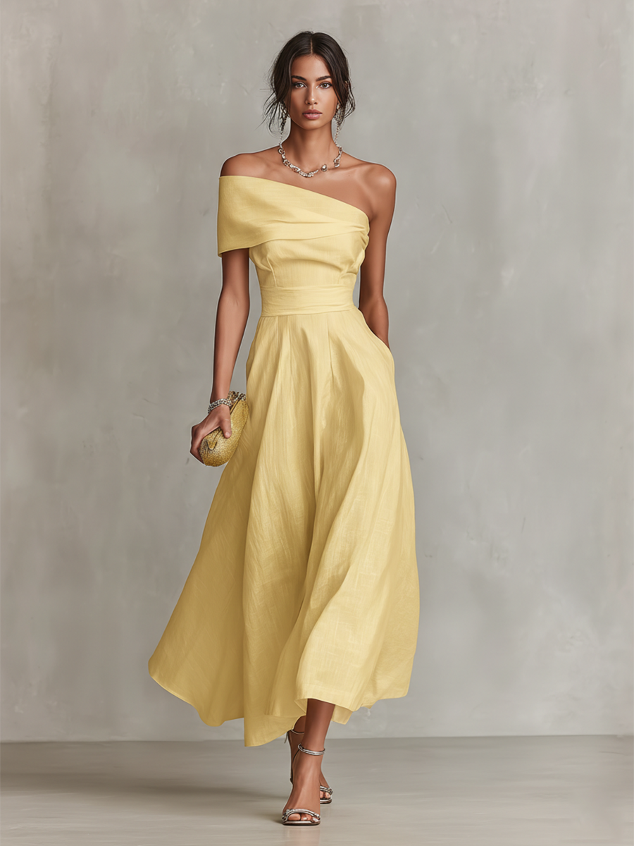 Chic yellow one-shoulder A-line midi dress for women, ideal for cocktail events & formal occasions.