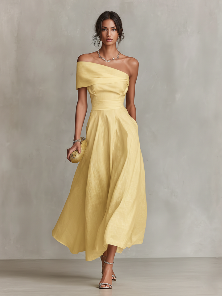 Chic yellow one-shoulder A-line midi dress for women, ideal for cocktail events & formal occasions.