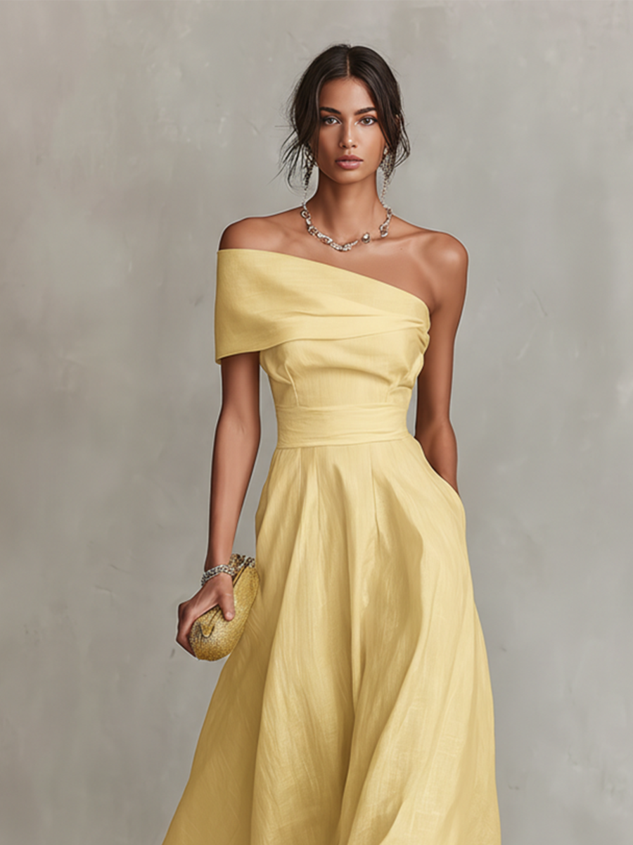 Stylish ruched A-line midi dress with one-shoulder design, a beautiful choice for wedding guest attire.