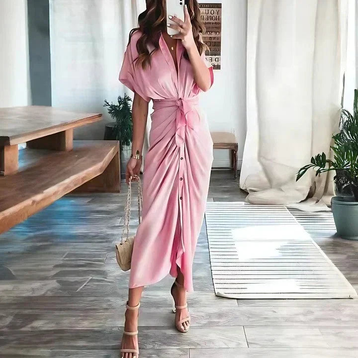 Sophisticated women's ruched tie waist collared midi dress, a perfect elegant option for summer style.
