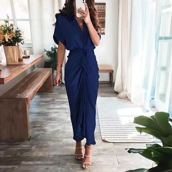Beautiful women's button-front midi dress with ruched tie waist, collared neckline, great for events.