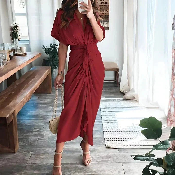 Trendy women's ruched tie waist collared midi dress, an excellent choice for a chic cocktail look.