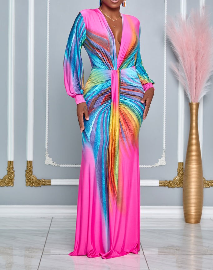 Elegant women's ruched V-neck control dress, perfect for an evening party. Figure-flattering bodycon maxi style.