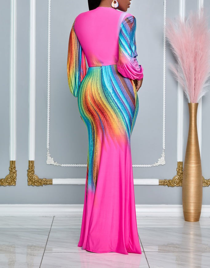 Stylish women's shaping control dress with ruched V-neck, a sophisticated maxi dress for special occasions.