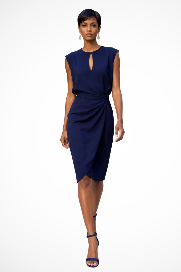 Chic women's V-neck wrap midi dress. Features elegant ruching & stylish cap sleeves for a flattering fit.