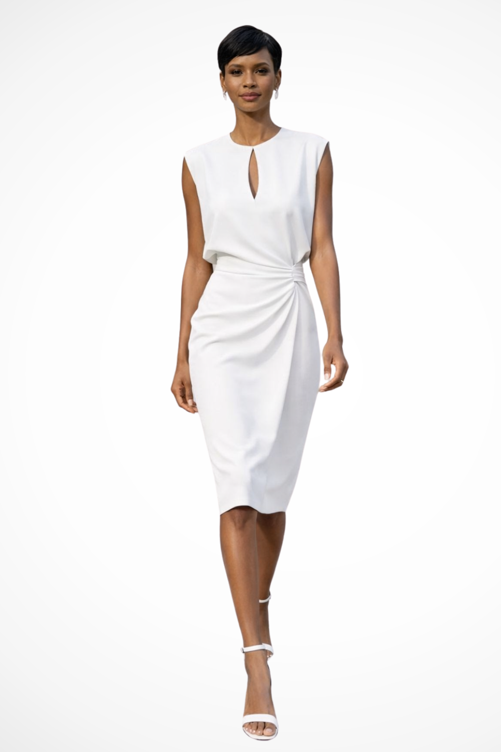 Feminine ruched wrap midi dress for women. Cap sleeves & V-neck design make it ideal for parties or formal events.