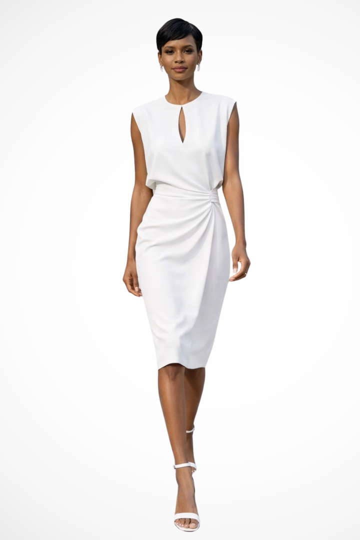 Feminine ruched wrap midi dress for women. Cap sleeves & V-neck design make it ideal for parties or formal events.
