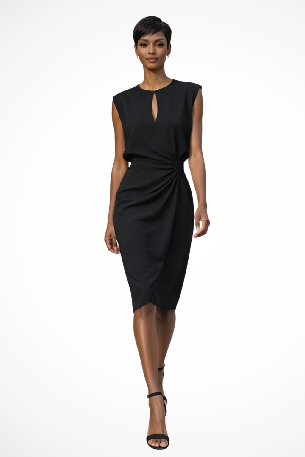 Versatile women's elegant midi dress. Ruched wrap style, cap sleeves, and flattering silhouette for any event.