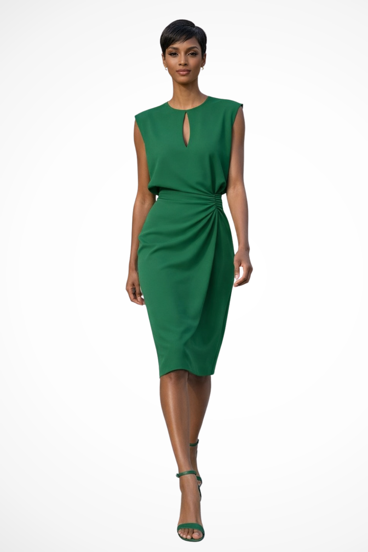 Stunning women's cap sleeve midi dress. Elegant ruched wrap design with a sophisticated V-neck, suitable for all occasions.