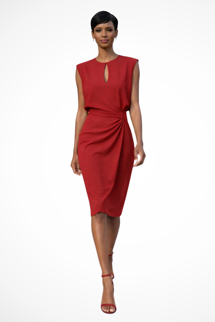 Classy women's midi dress. Features elegant ruched wrap design, cap sleeves, and a flattering fit for formal wear.