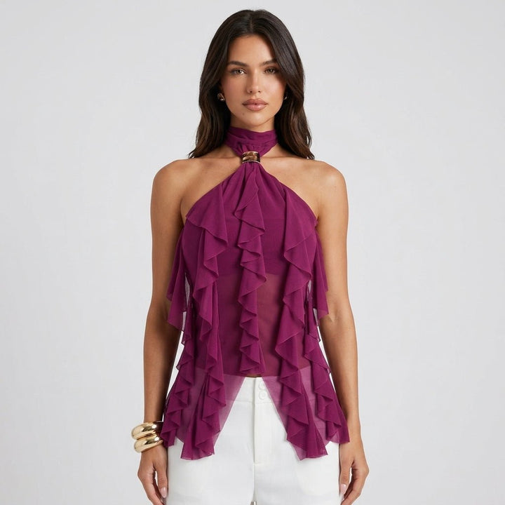 Elegant women's ruffle halter top, sleeveless blouse for formal wear & special occasions.