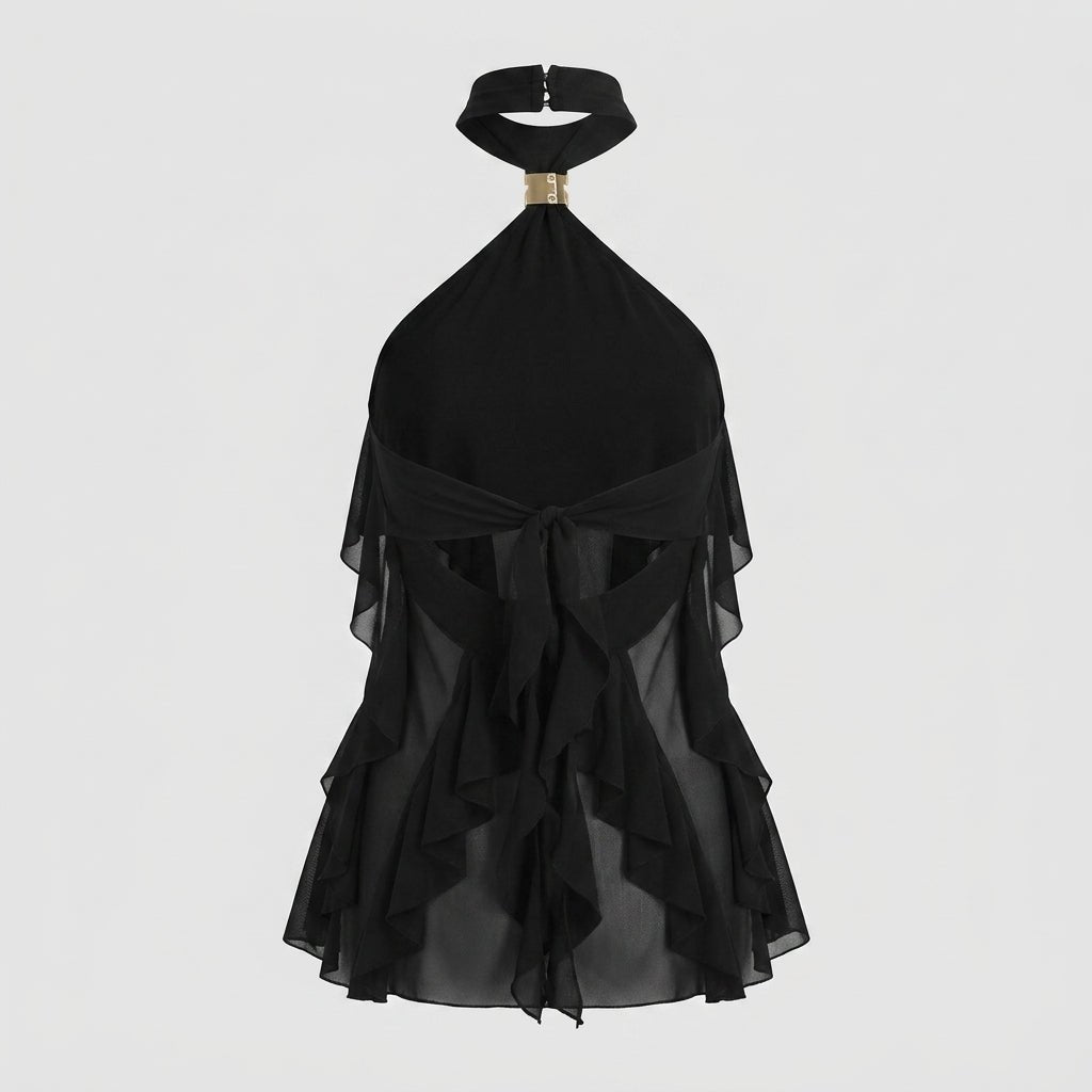 Sophisticated women's sleeveless ruffle halter top, an elegant blouse for special occasions.