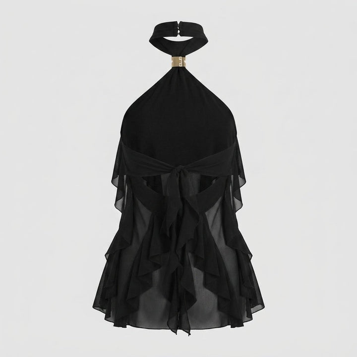 Sophisticated women's sleeveless ruffle halter top, an elegant blouse for special occasions.