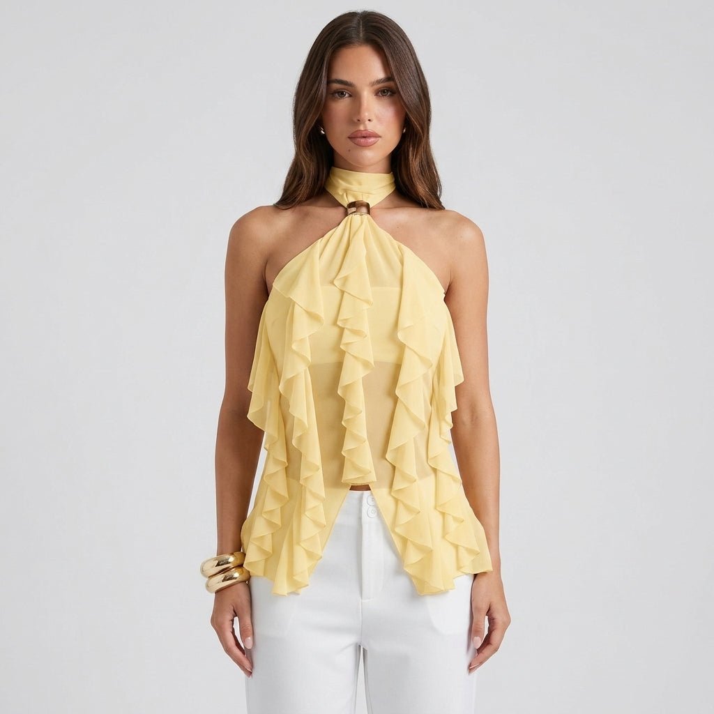 Women's formal wear ruffle halter top, a fashionable sleeveless blouse with mock neck detail.