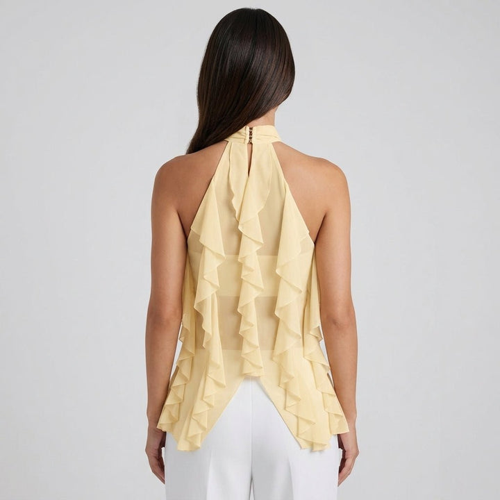 Elegant women's ruffle halter top, sleeveless design. Perfect for evening or special events.