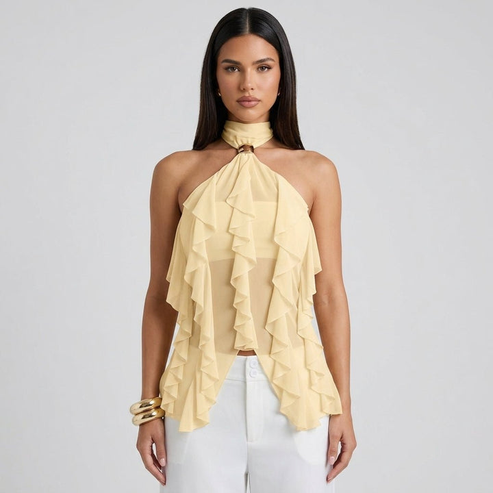 Tie-back women's ruffle halter top, a chic sleeveless blouse for formal parties & gatherings.