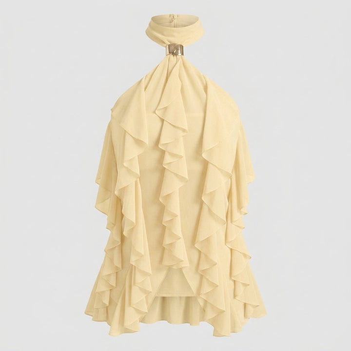 Women's elegant ruffle blouse, a sleeveless halter top with a sophisticated mock neck.