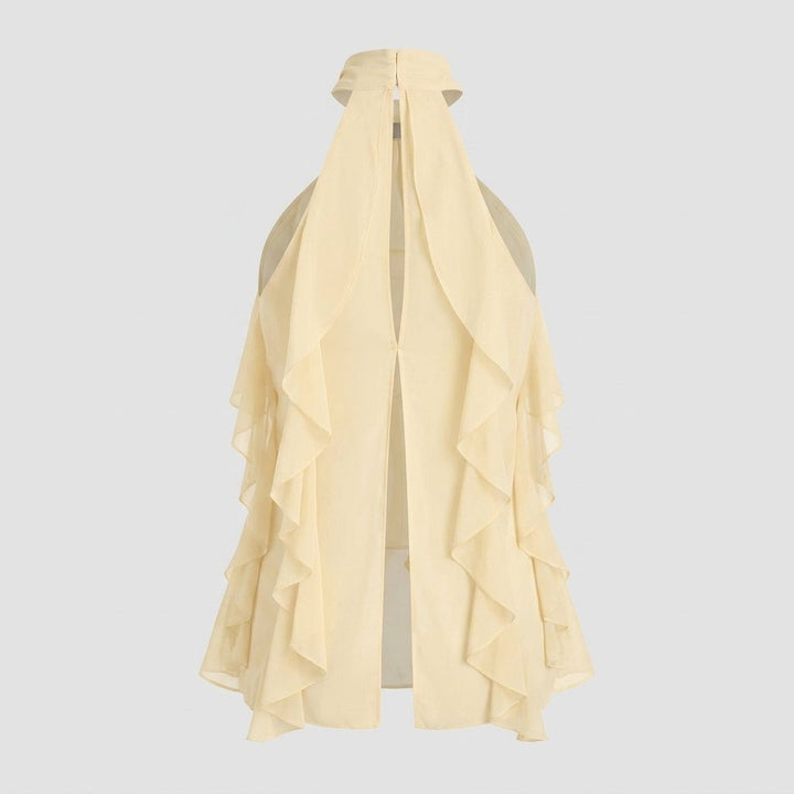 Fashion-forward women's ruffle halter top, an elegant sleeveless blouse for evening wear.