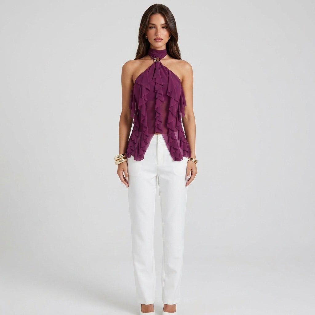 Fashionable women's sleeveless ruffle blouse, an elegant halter top for special events.