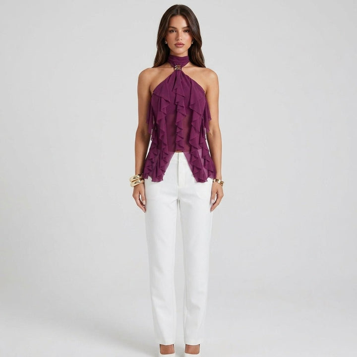 Fashionable women's sleeveless ruffle blouse, an elegant halter top for special events.