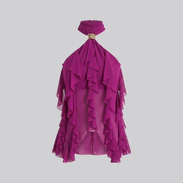 Women's formal ruffle halter top, a chic sleeveless blouse with a sophisticated mock neck.