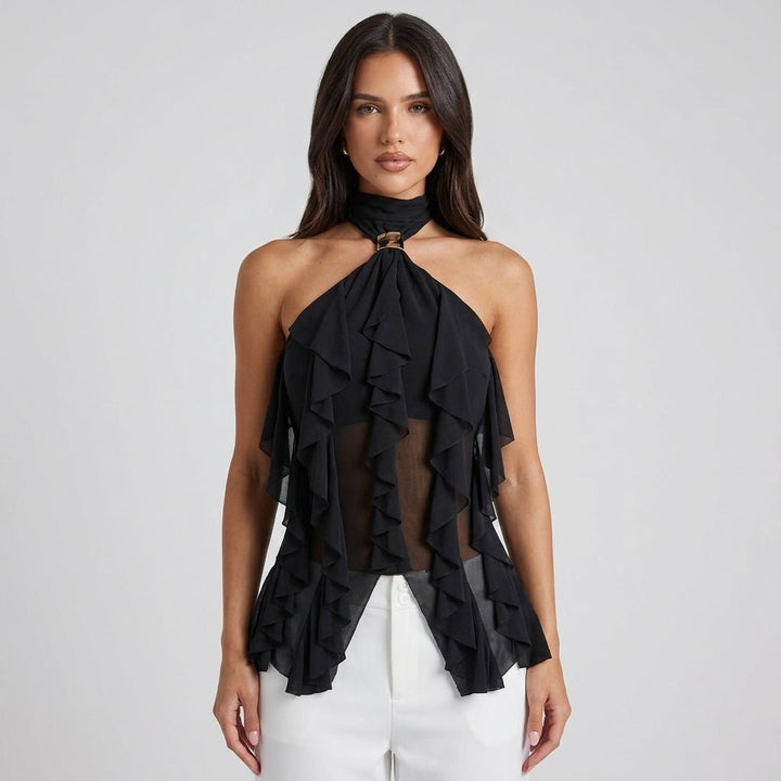 Sleeveless women's ruffle halter blouse with a tie back, perfect for special occasions.