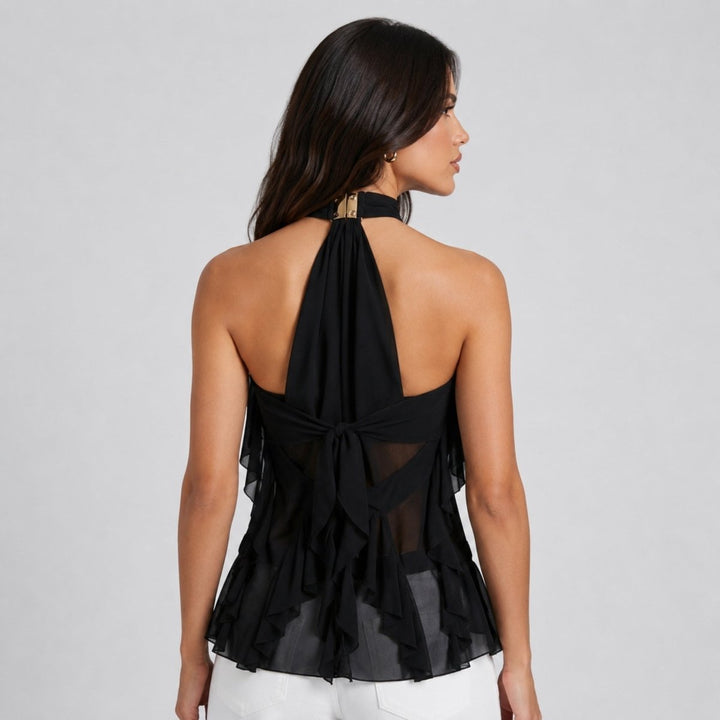 Chic women's ruffle halter top, versatile sleeveless blouse for formal events.