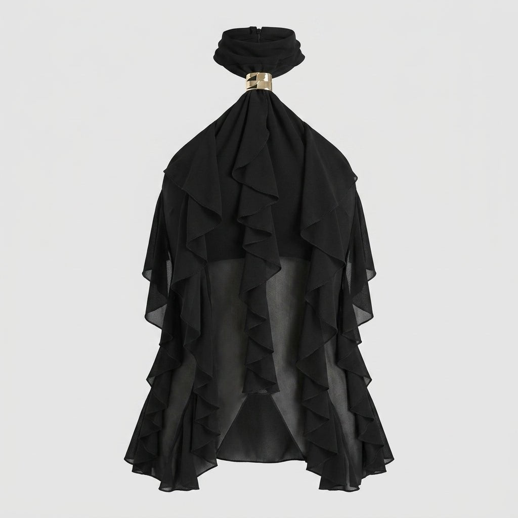 Stylish women's evening blouse, a ruffle halter top with a tie back and sleeveless design.