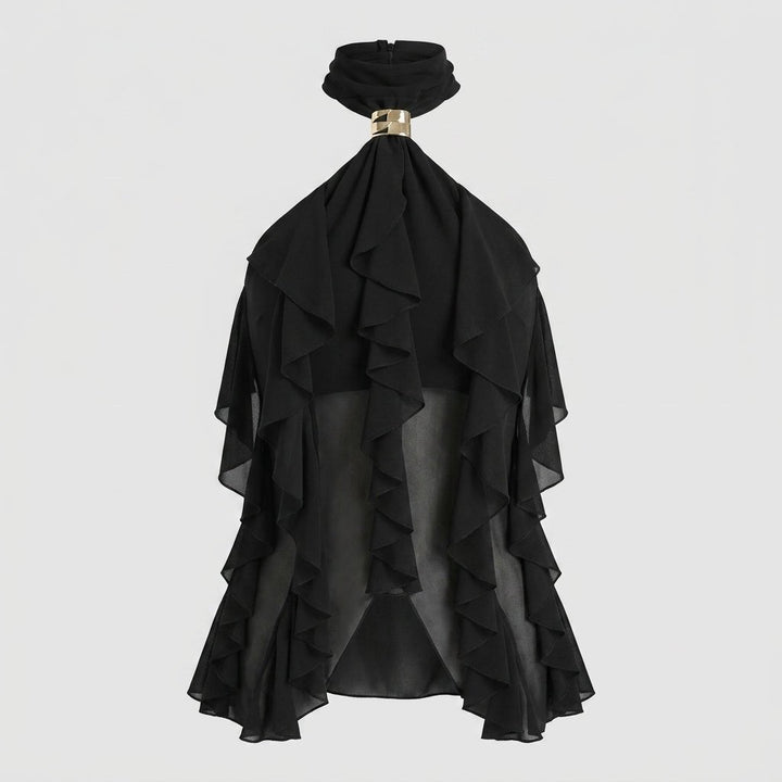 Stylish women's evening blouse, a ruffle halter top with a tie back and sleeveless design.