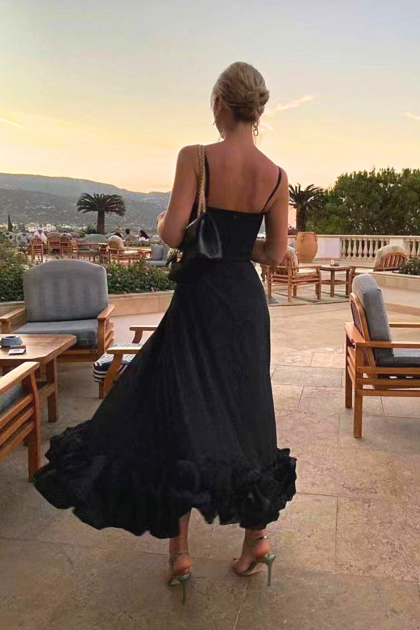 Scoop neck spaghetti strap ruffle hem maxi dress for women. A formal evening gown for parties & events.