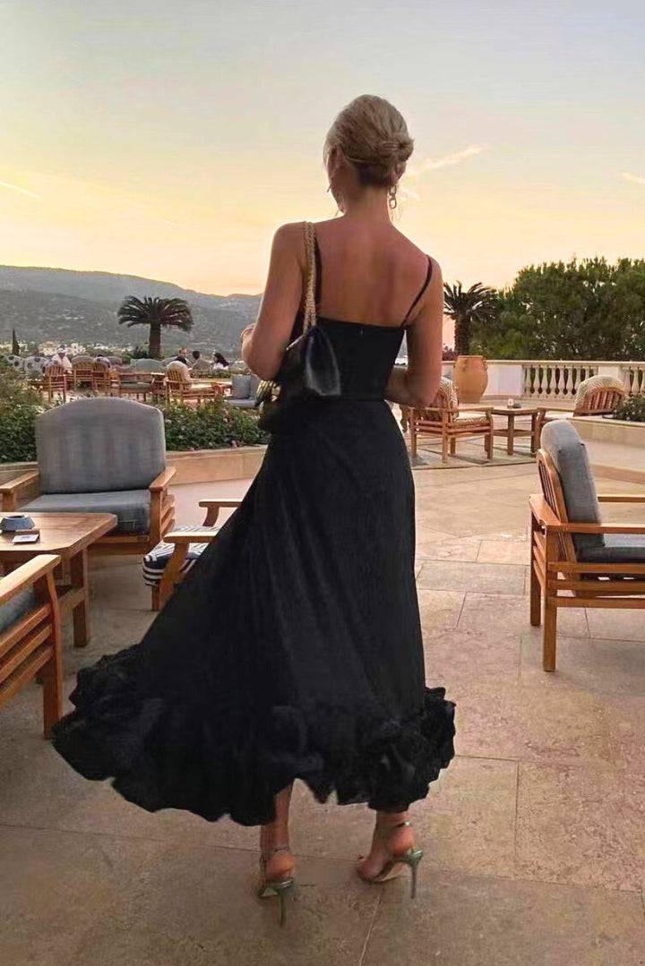 Scoop neck spaghetti strap ruffle hem maxi dress for women. A formal evening gown for parties & events.