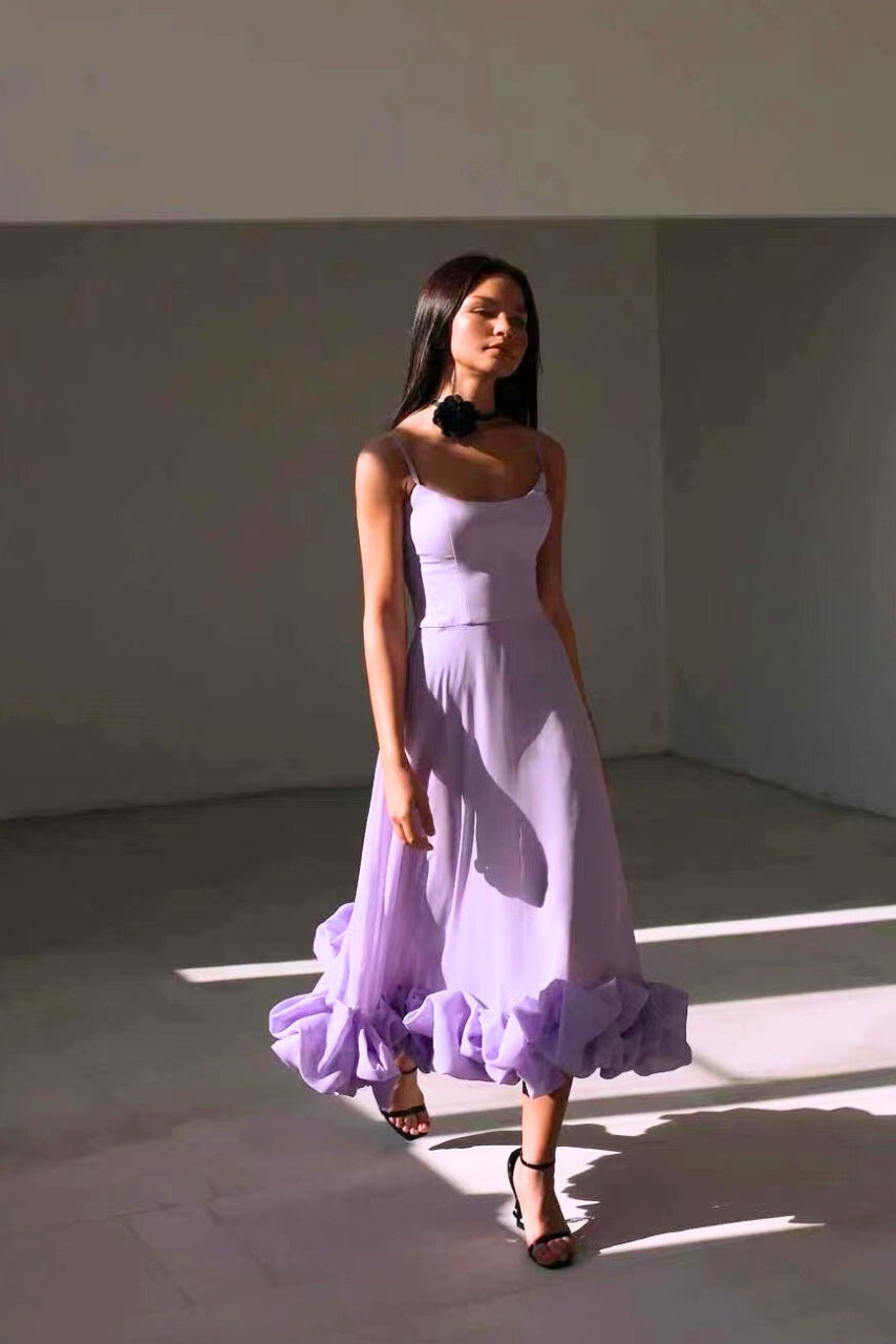 Chic wedding guest maxi dress, elegant ruffle hem, spaghetti straps. A beautiful women's formal gown.
