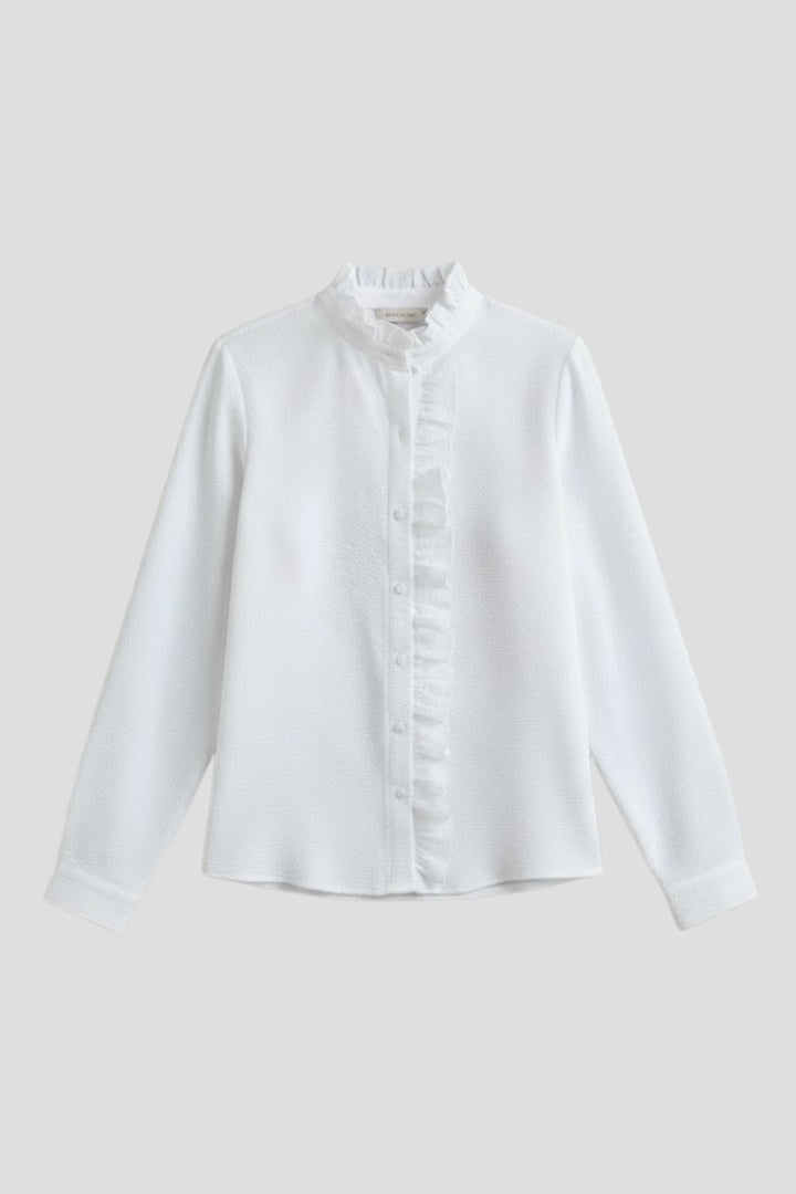 Elegant women's ruffle long sleeve blouse with button-front, perfect for work or casual wear.