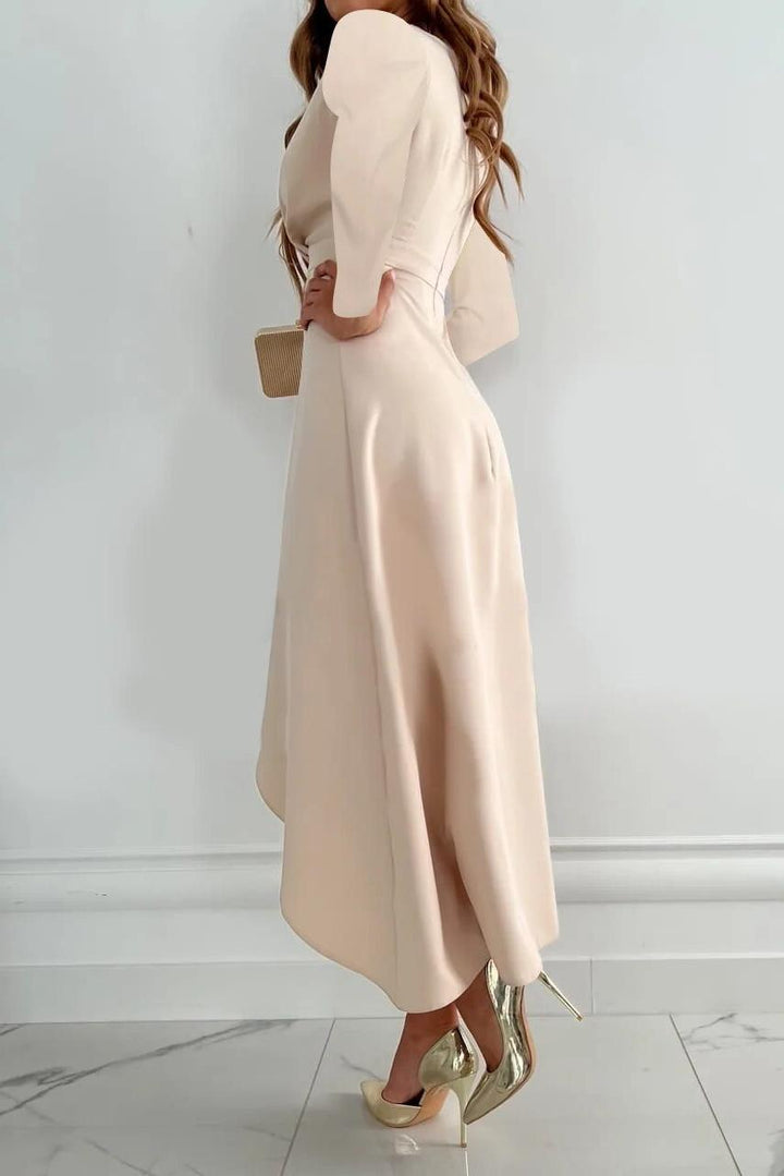 Sophisticated women's wrap midi dress with delicate ruffle detail, ideal for cocktail parties & special occasions.