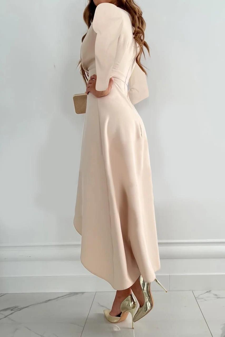 Chic women's wrap midi dress with ruffles. Ideal cocktail, evening, or wedding guest dress. Flattering formal wear.
