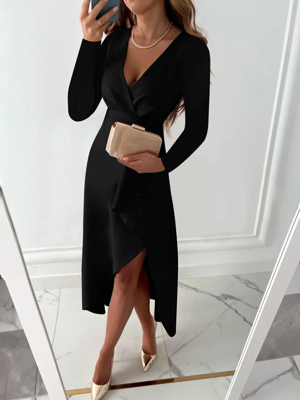 Sophisticated women's ruffle wrap midi dress. Stylish formal attire for special occasions, including wedding guests.