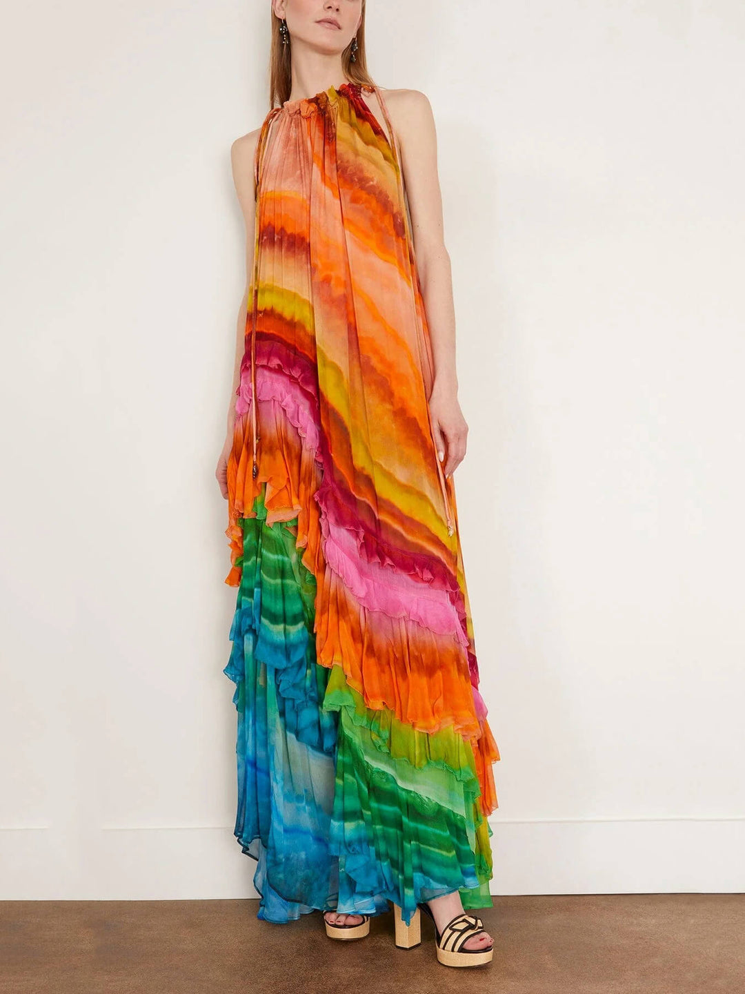 Elegant women's ruffled halter maxi dress, perfect for evening or special occasions. Flowy tiered design.