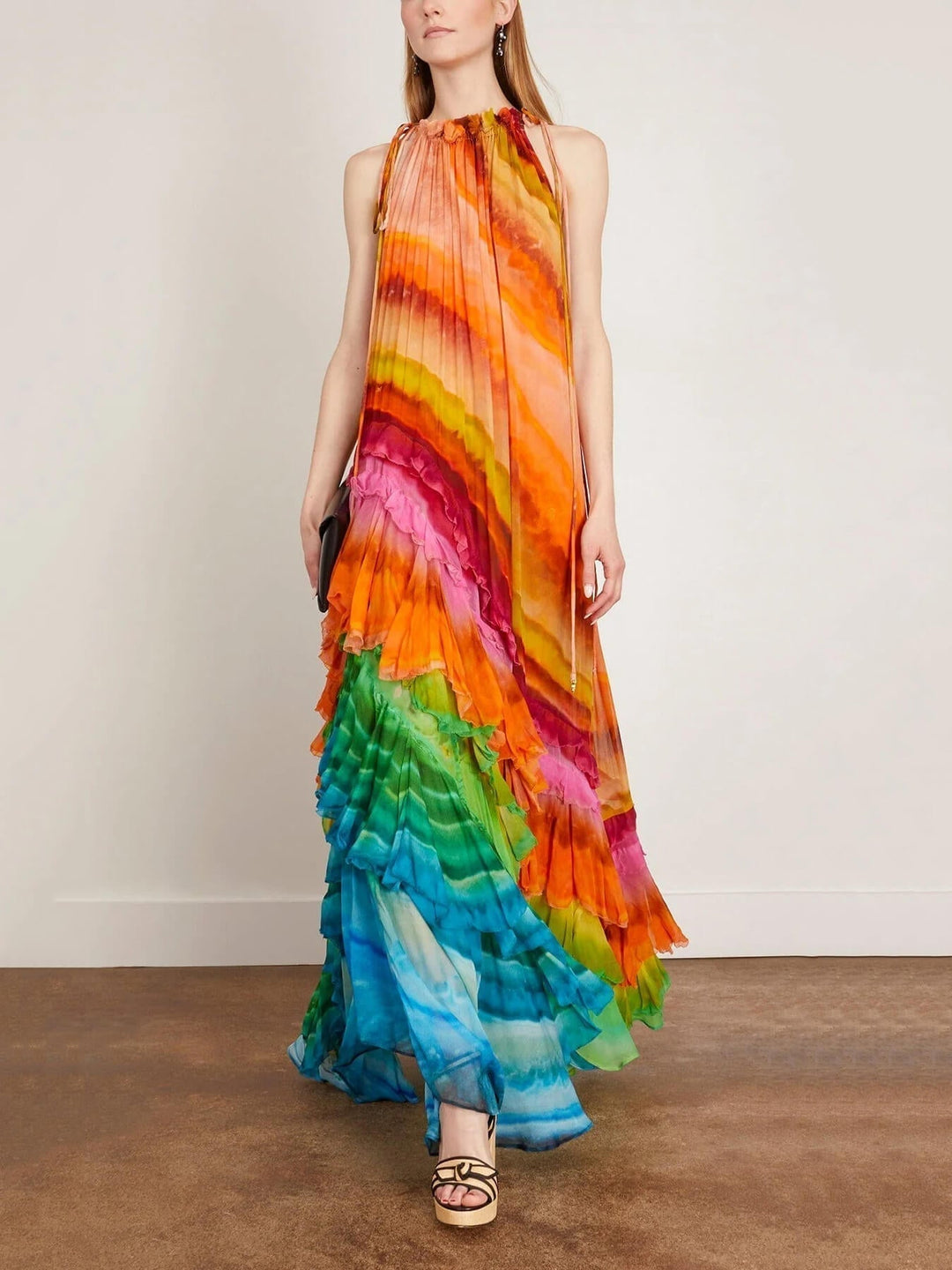 Stylish women's halter maxi dress with delicate ruffles, ideal for formal events & evening wear.