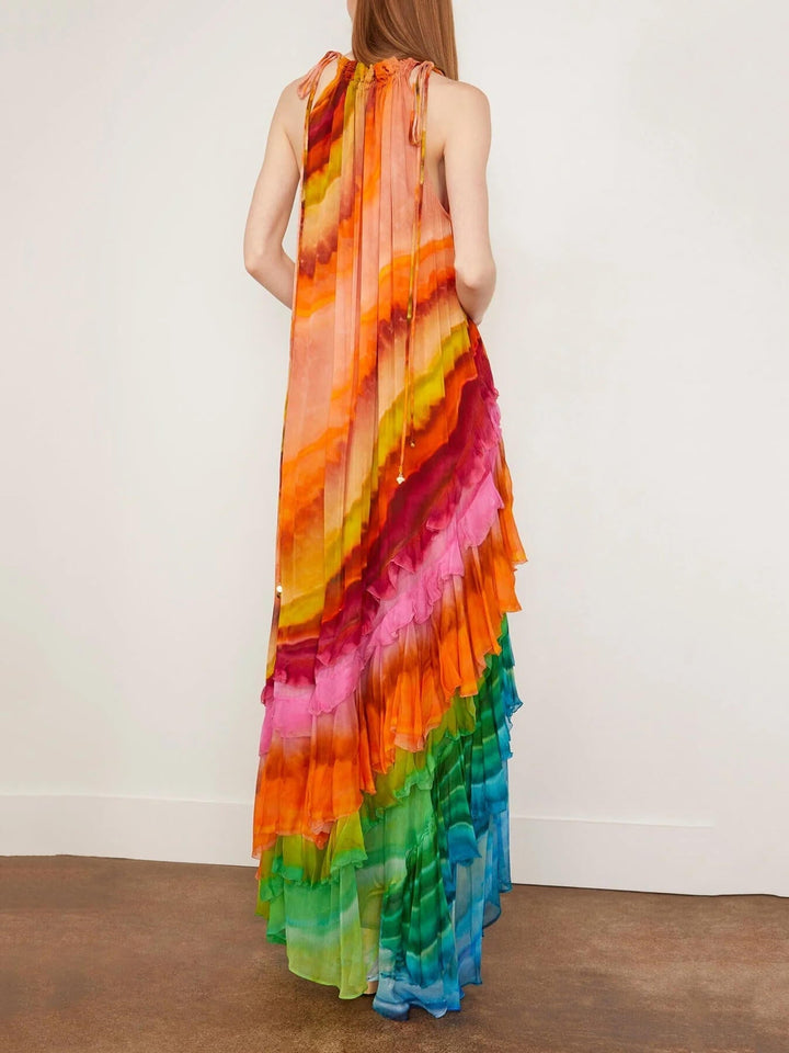 Flowy sleeveless women's maxi dress with elegant ruffles & halter neckline for a chic special occasion look.