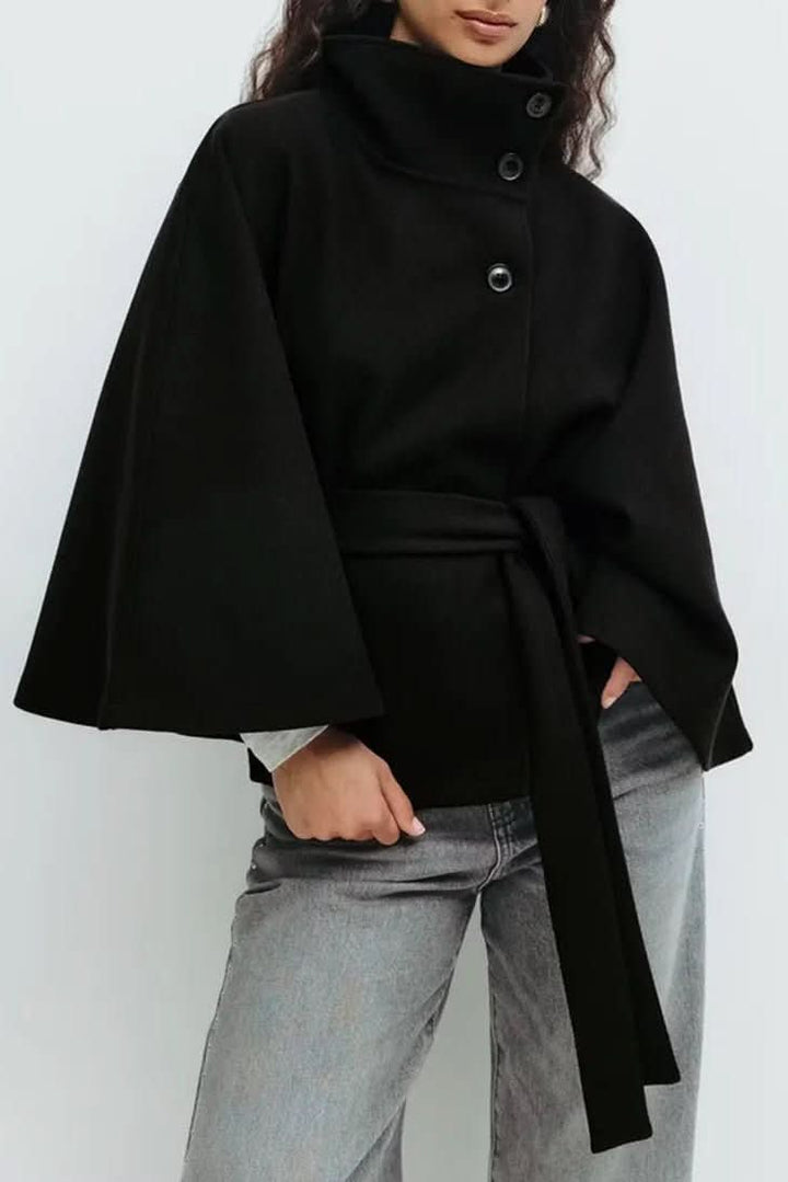 Elegant women's self-tie cape. Oversized fit, perfect for fall/winter layering. Chic outerwear for office or casual.