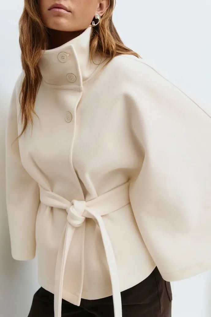 Women's elegant self-tie cape, oversized for comfort and style. A versatile layering piece for office or casual wear.