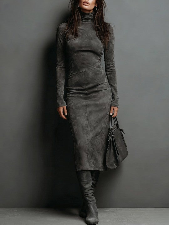 Chic dark grey bandage midi dress for women, semi-formal style with turtleneck & long sleeves. Flattering bodycon.